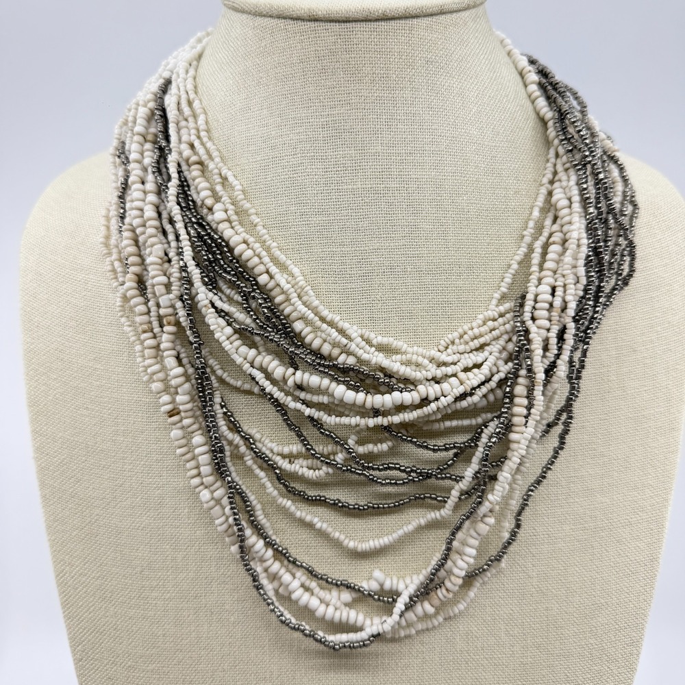 Multi Strand Seed Bead Necklace White and Gunmetal Boho Statement Chunky Jewelry